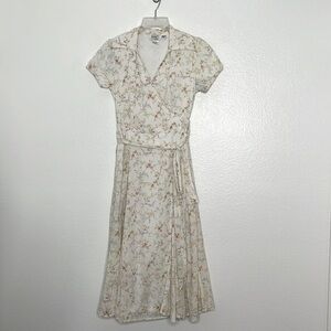 Vintage 1970s Jody of California Ivory Floral Swiss Dot Faux Wrap Dress 1/2 XXS